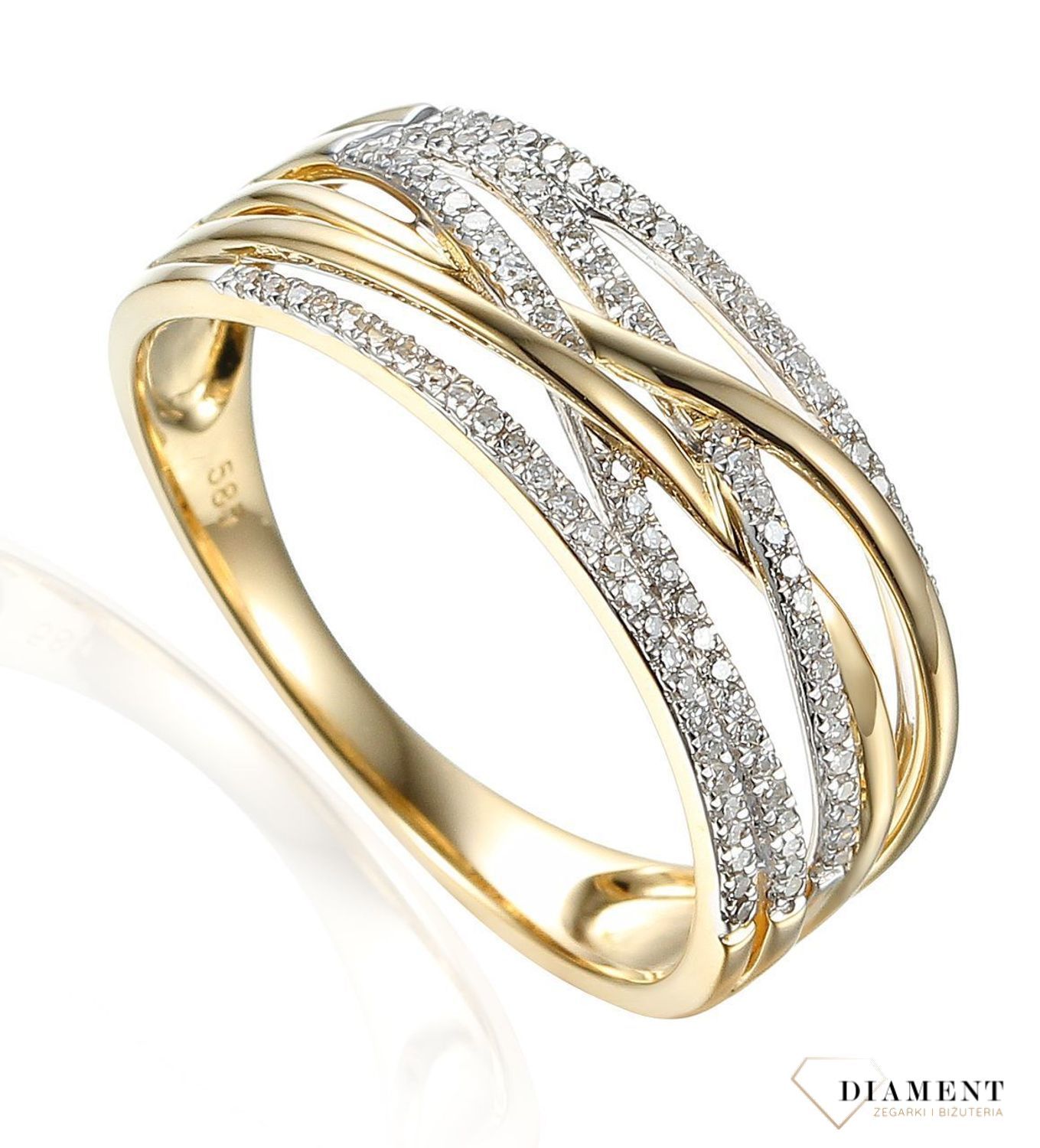 Pierścionek złoty DIAMENT żółte złoto, diamenty, pleciona obrączka. Pierścionki zaręczynowe. Piękny pierścionek ozdobiony trzema brylantami. Klasyka w najlepszym wydaniu 40366R009-G1Q3.jpg